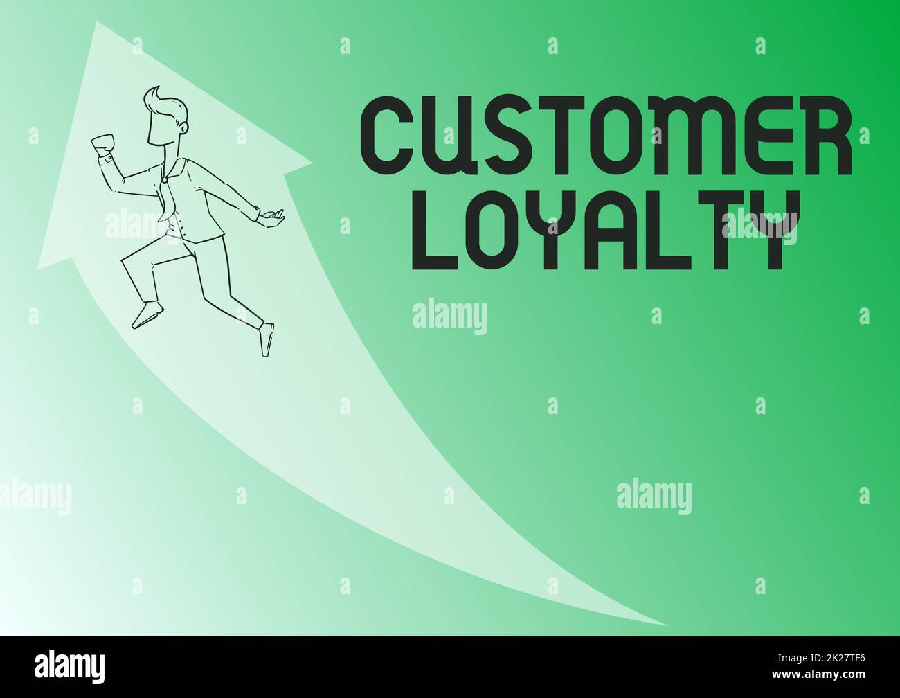 Hand writing sign Customer Loyalty. Internet Concept buyers adhere to positive experience and satisfaction Illustration Of Happy Businessman Running Up With Arrow Got His Promotion. Stock Photo