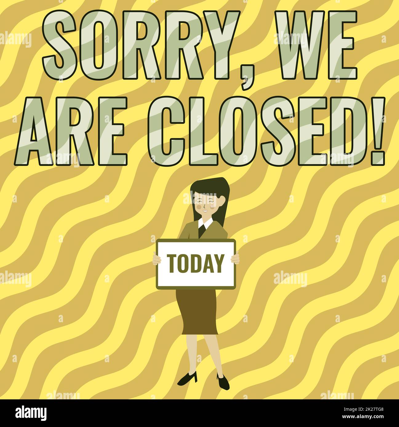 Hand writing sign Sorry, We Are Closed. Business overview apologize for shutting off business for specific time Beautiful Lady Standing Holding Whiteboard Presenting New Announcement. Stock Photo