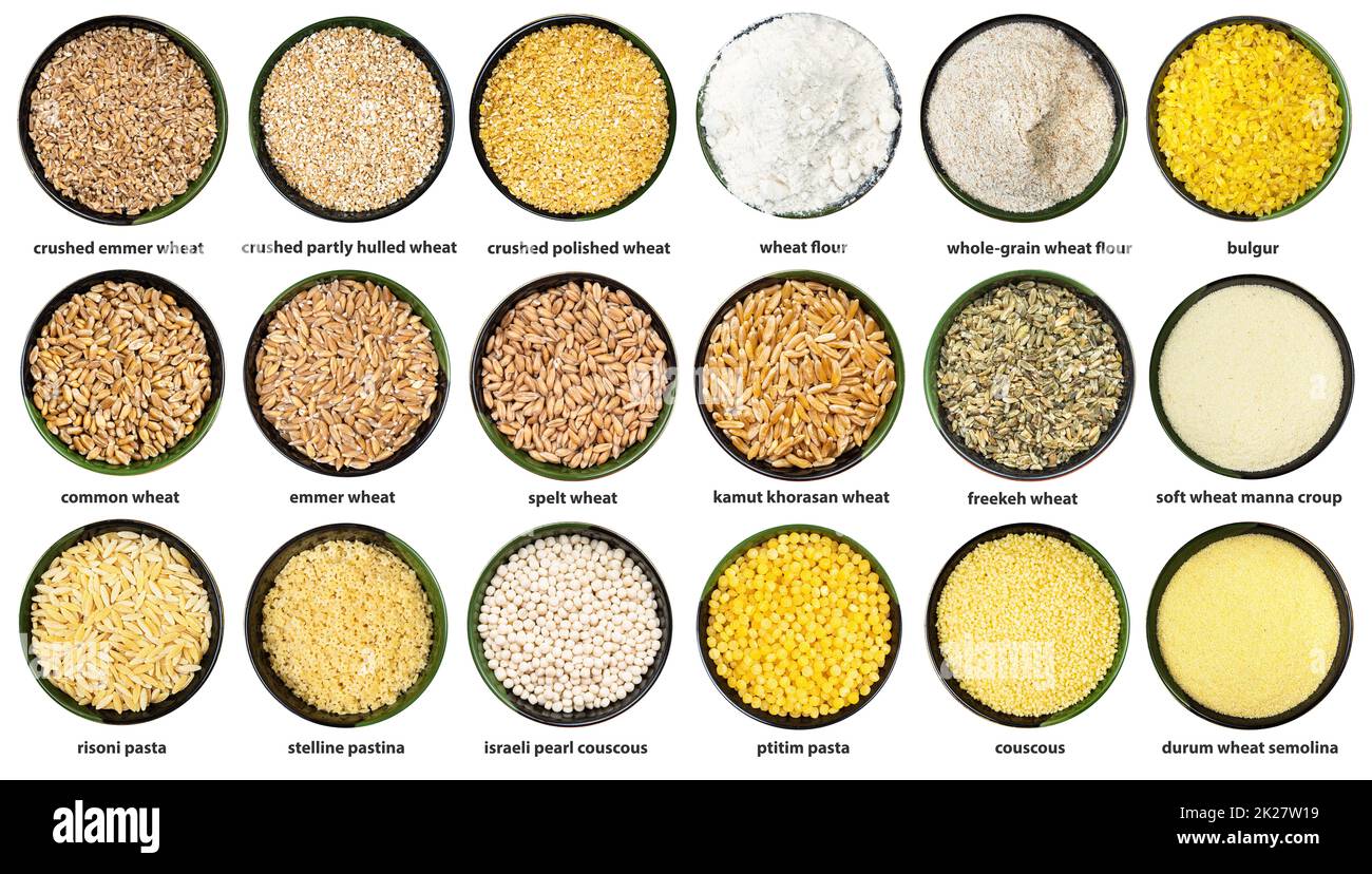 set of various wheat grains in bowls with names Stock Photo Alamy