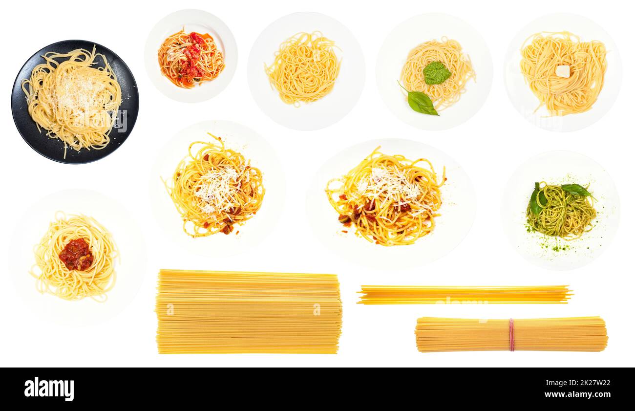 set of various cooked and dry spaghetti isolated Stock Photo Alamy