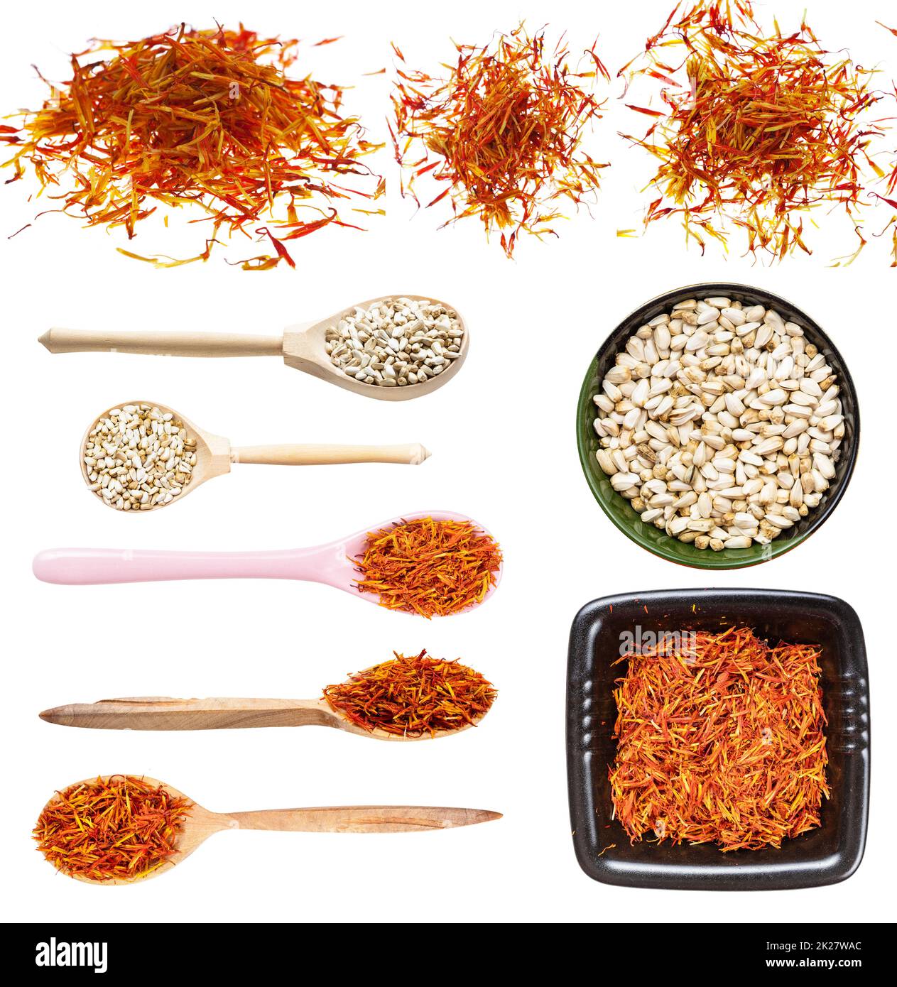 set of various safflower seeds and flower isolated Stock Photo Alamy