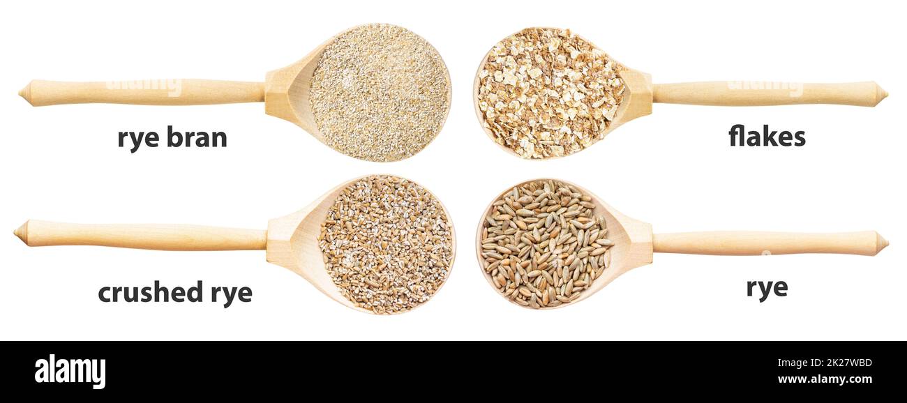 set of wooden spoon with various rye with names Stock Photo Alamy