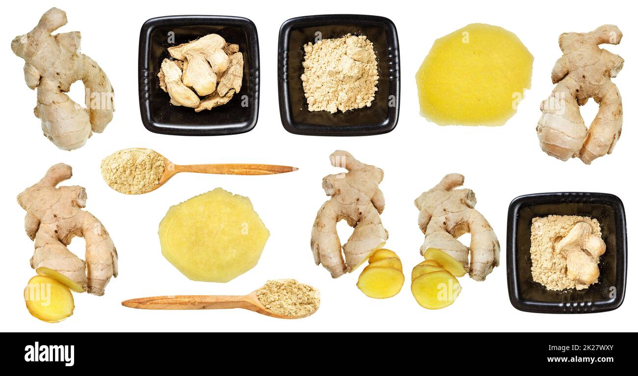 set of various fresh and dried ginger roots Stock Photo Alamy