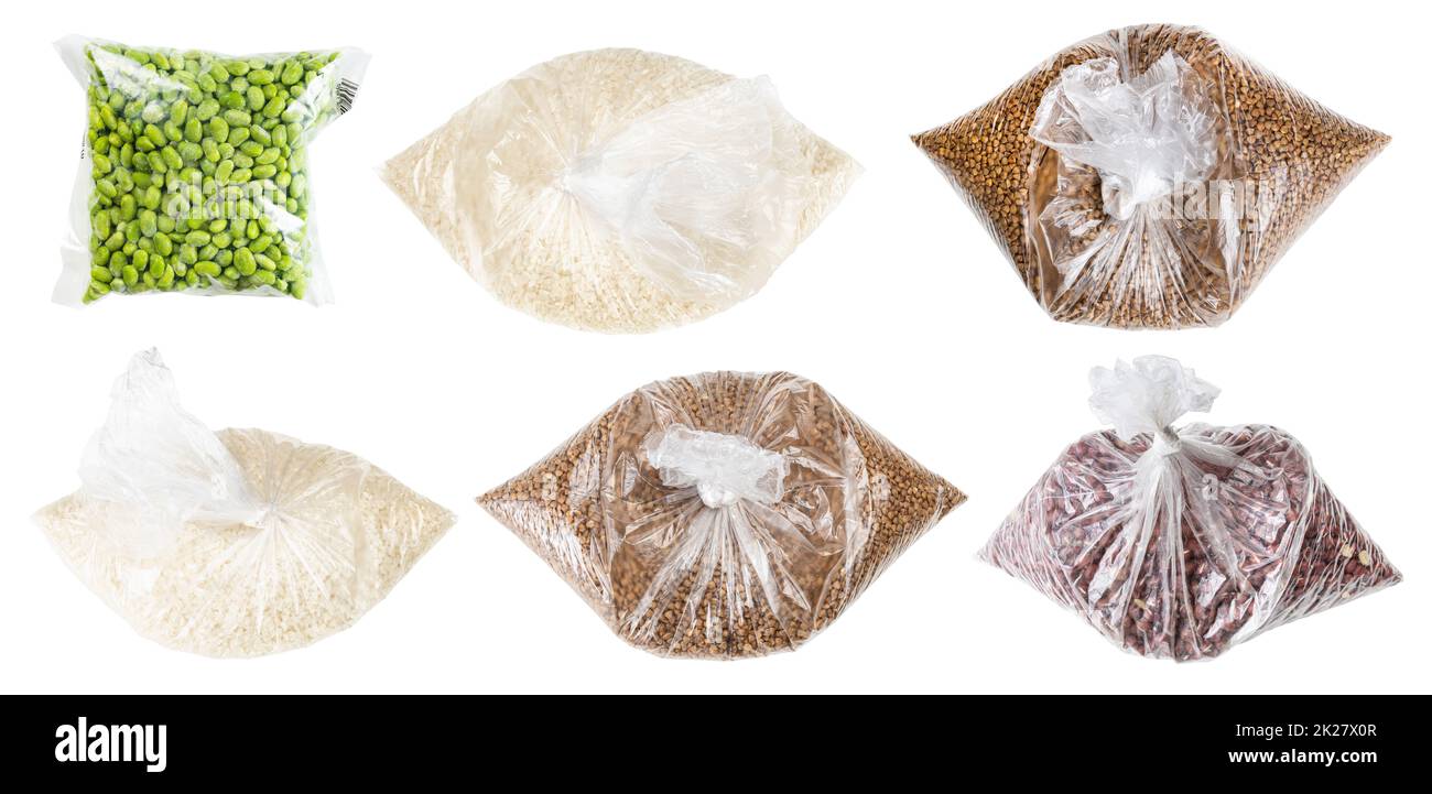 set of various beans and groats in plastic bags Stock Photo Alamy