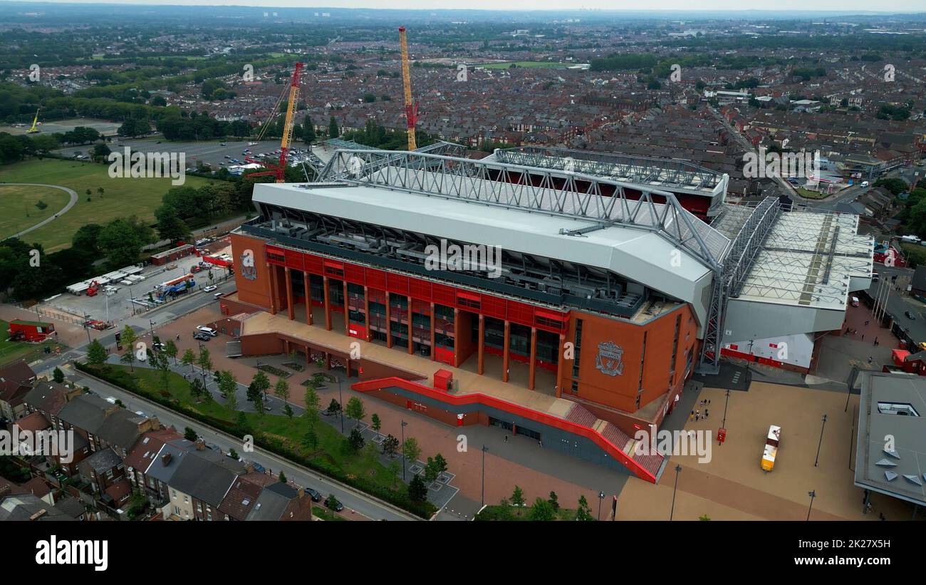 Anfield stadium of FC Liverpool from above - aerial view - LIVERPOOL, UK - AUGUST 16, 2022 Stock Photo