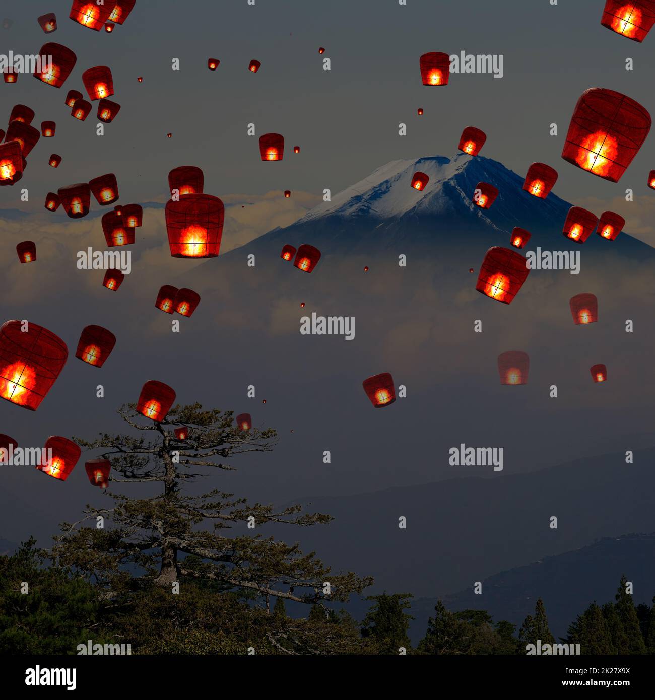 The 3d rendering of floating sky lanterns with nice view Stock Photo Alamy