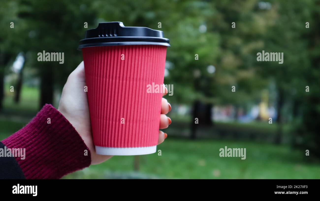 A young girl in a coat holds morning coffee with her while walking in the park. Hand holding paper cup of coffee in green park. Takeaway cappuccino. Close-up, copy space. Stock Photo