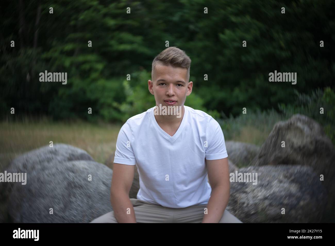 Portrait of a teenager on the background of nature. Natural skin of the face, without retouching. Stock Photo