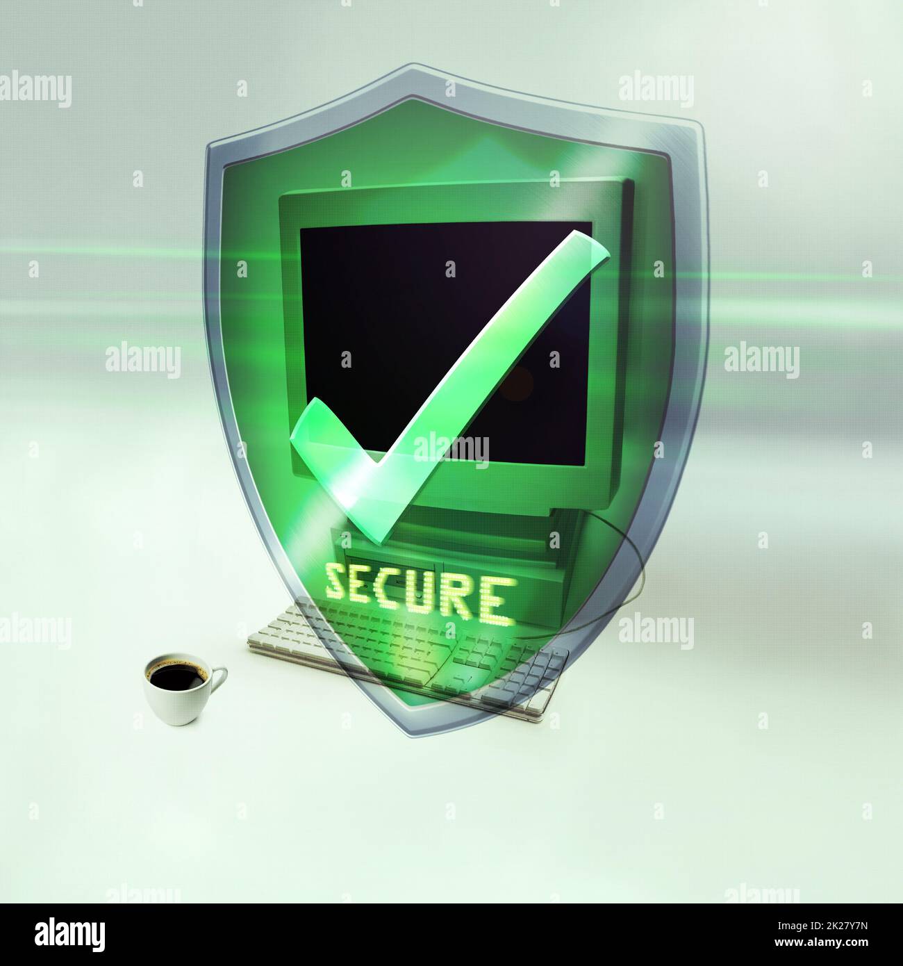 You are now fully protected. a desktop computer with a secure message in front of it Stock Photo