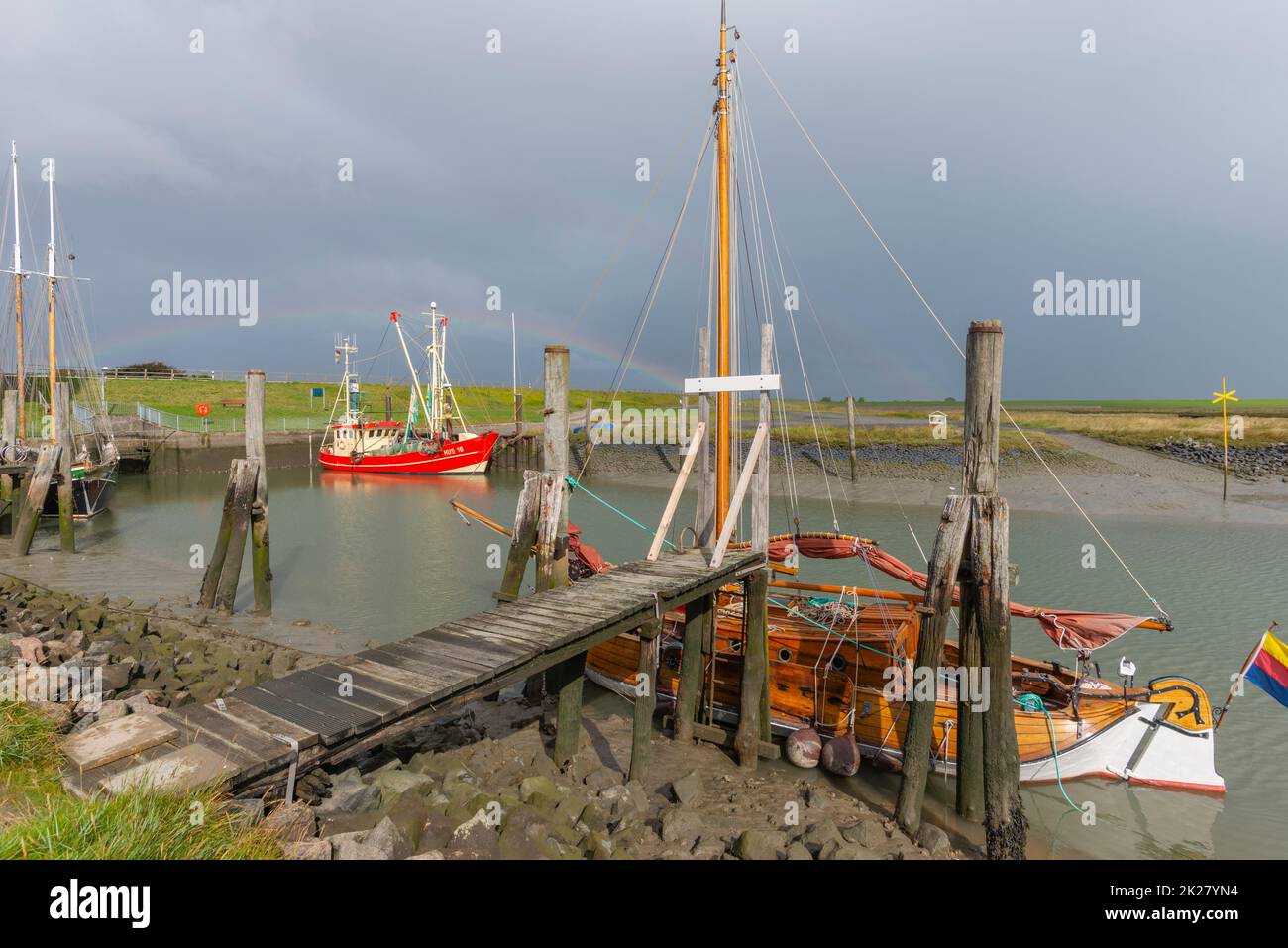 Fishing boat in the harbor of Süderhafen, peninsula Nordstrand, North Frisia, Schleswig-Holstein, Northern Germany, Stock Photo