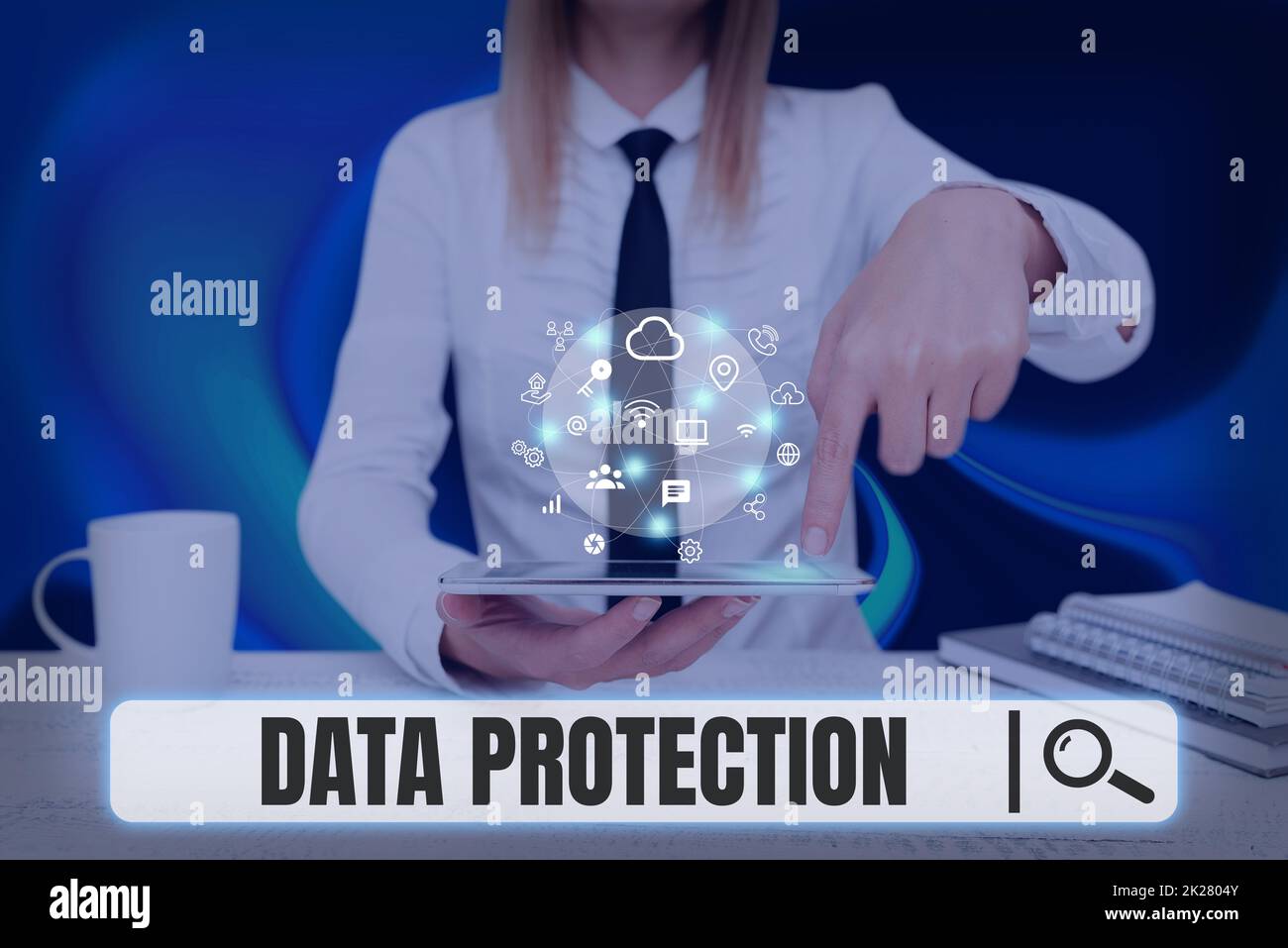 Handwriting text Data Protection. Internet Concept Protect IP addresses and personal data from harmful software Lady Pressing Screen Of Mobile Phone Showing The Futuristic Technology Stock Photo