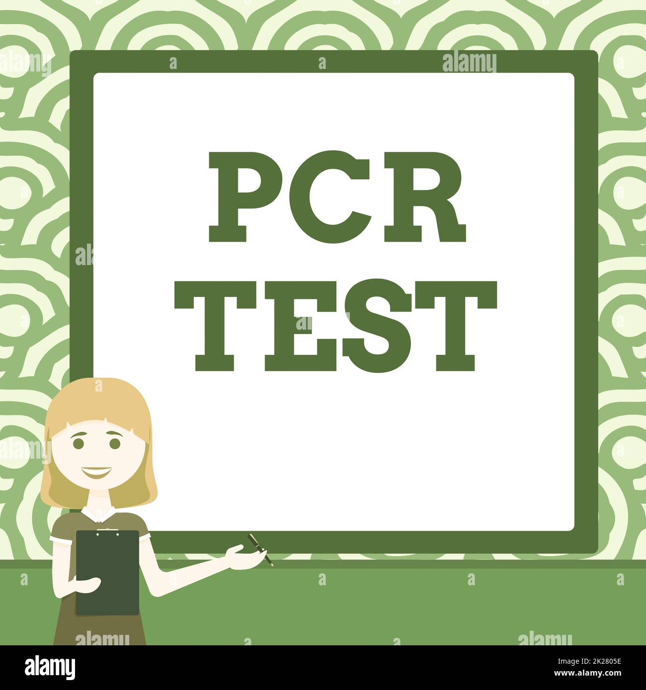 Text caption presenting Pcr Test. Business concept qualitative detection of viral genome within the short seqeunce of DNA Lady Drawing Standing Holding Clipboard Presenting New Ideas To Team Stock Photo