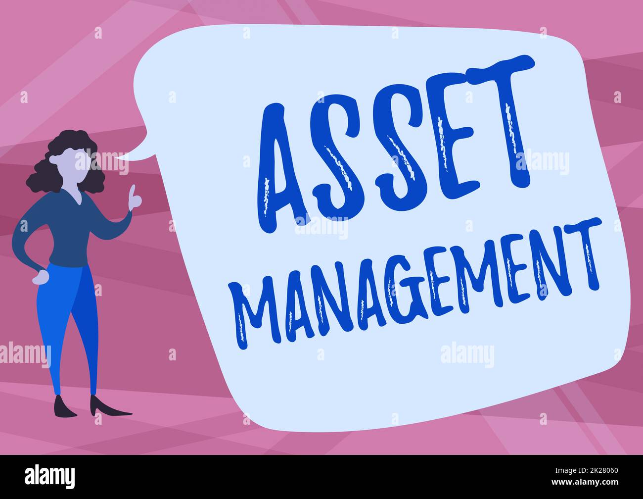 Conceptual display Asset Management. Business approach systematic process of operating and disposing of assets Illustration Of Woman Speaking In Chat Cloud Discussing Ideas. Stock Photo