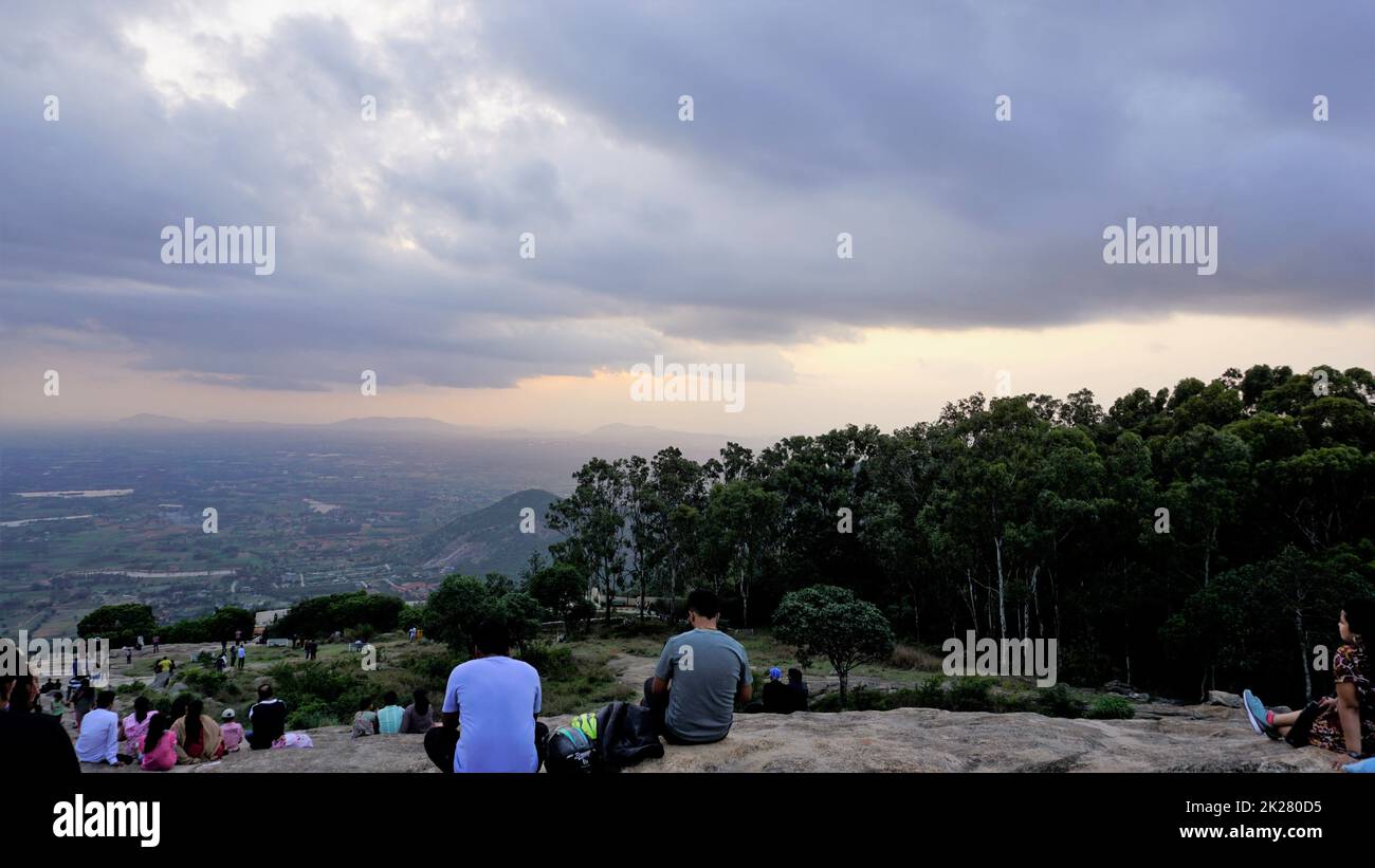 Nandi hills, Karnataka,IndiaMay 22 2022 Tourists enjoying the