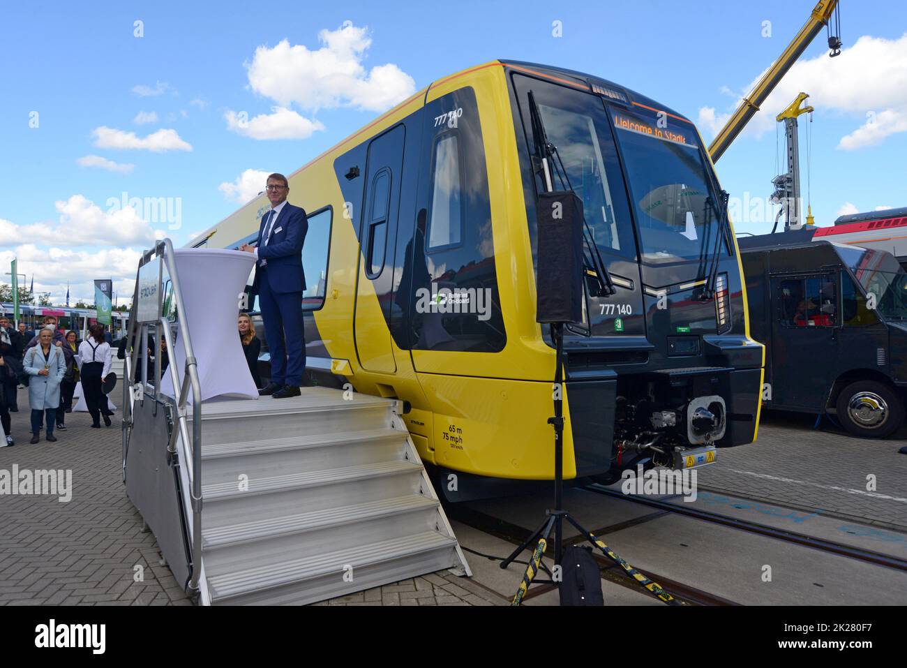 Berlin, Germany, 22nd September 2022. Train manufacturer Stadler has officially unveiled its new IPEMU Merseytravel Class 777 train with Metro Mayor for the Liverpool City Region Steve Rotheram, at Innotrans 2022, the international transport exhibition. The mayor, viewing the first train of the 52 strong fleet, said they had been “bought by the public for the public, putting the ‘public’ back into public transport”. He also said that the services will be integrated with the city’s buses and ferries. Although the majority of the fleet will be just 3rd rail powered, 7 will have battery packs to Stock Photo