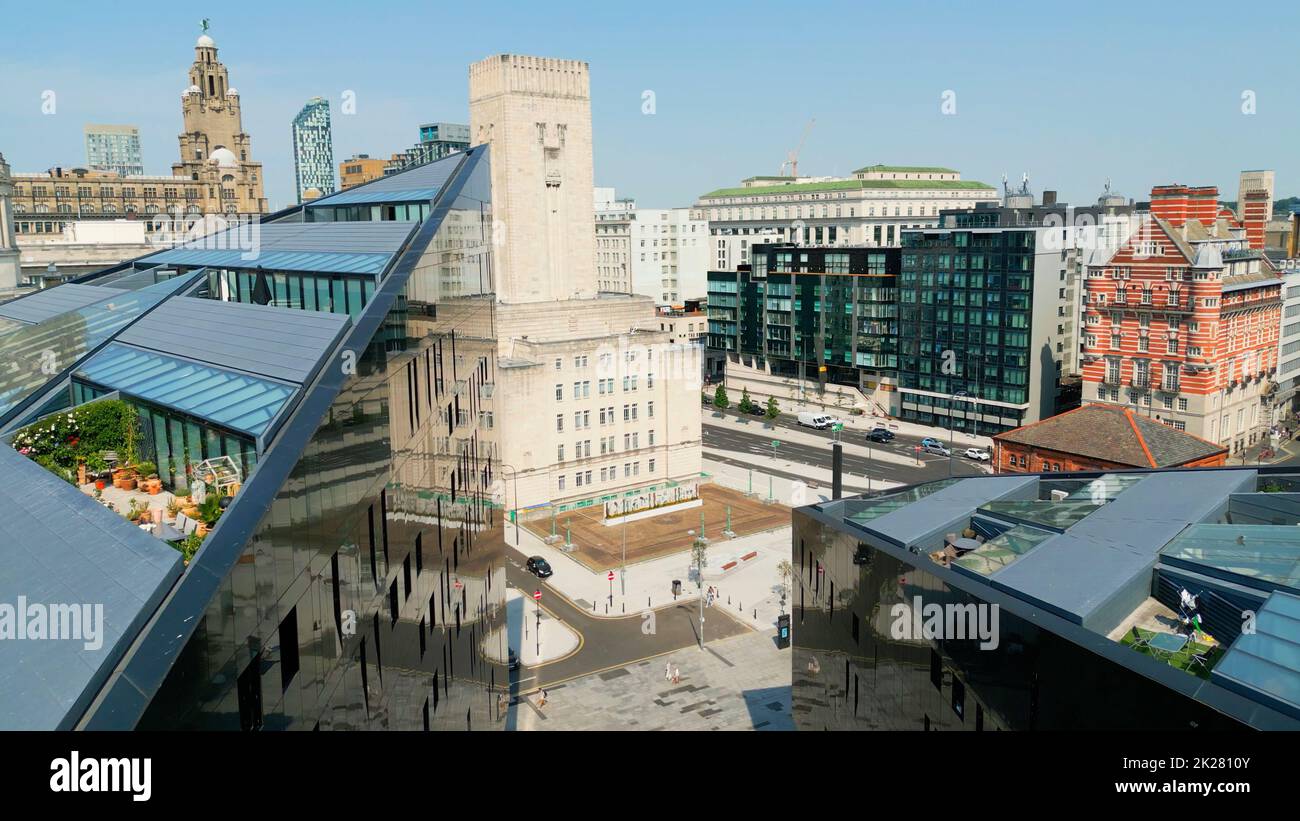 The modern buildings of Pier Head in Liverpool - aerial view - LIVERPOOL, UK - AUGUST 16, 2022 Stock Photo