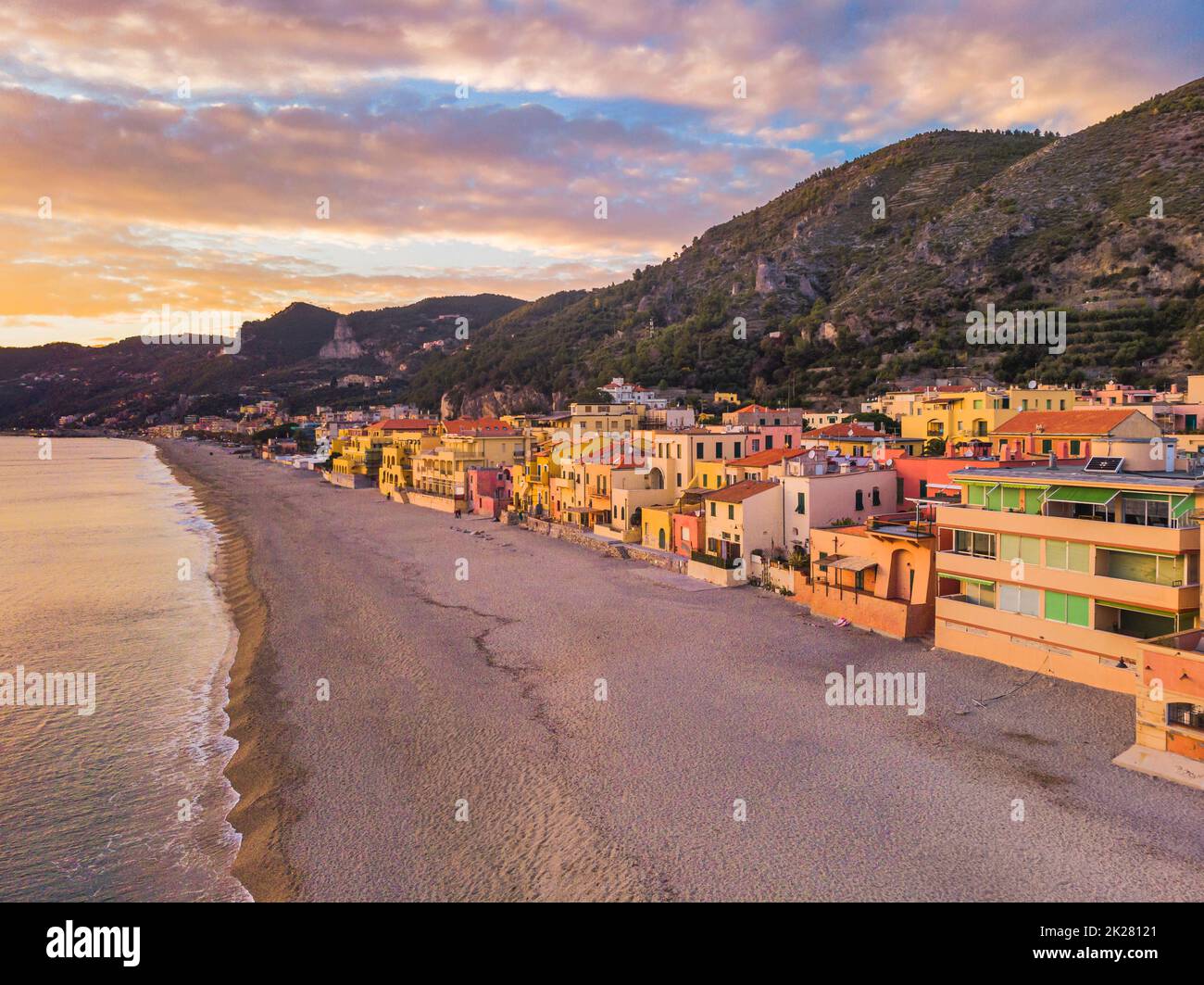 Aerial view of the beach of Varigotti during blue hour. Liguria, Italy Stock Photo