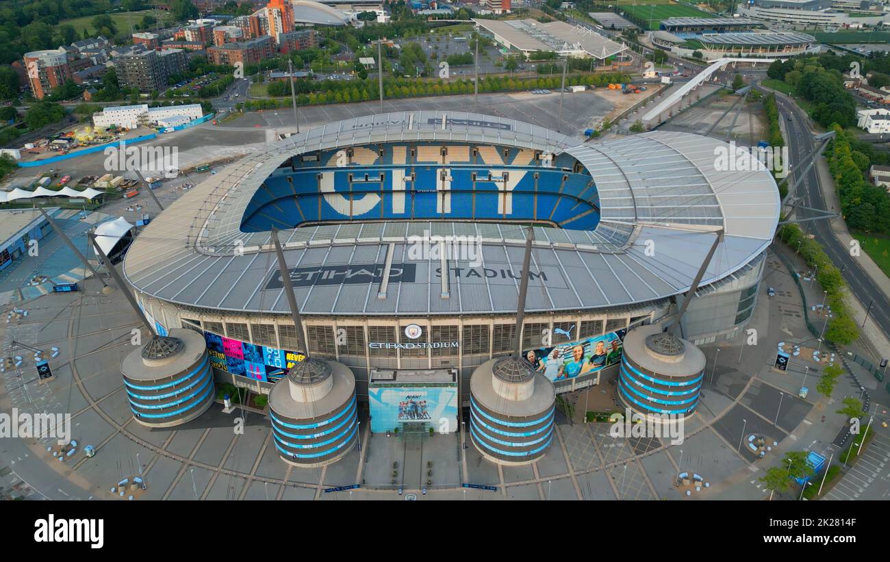 Etihad Stadium of Manchester City - aerial view - MANCHESTER, UK - AUGUST 15, 2022 Stock Photo