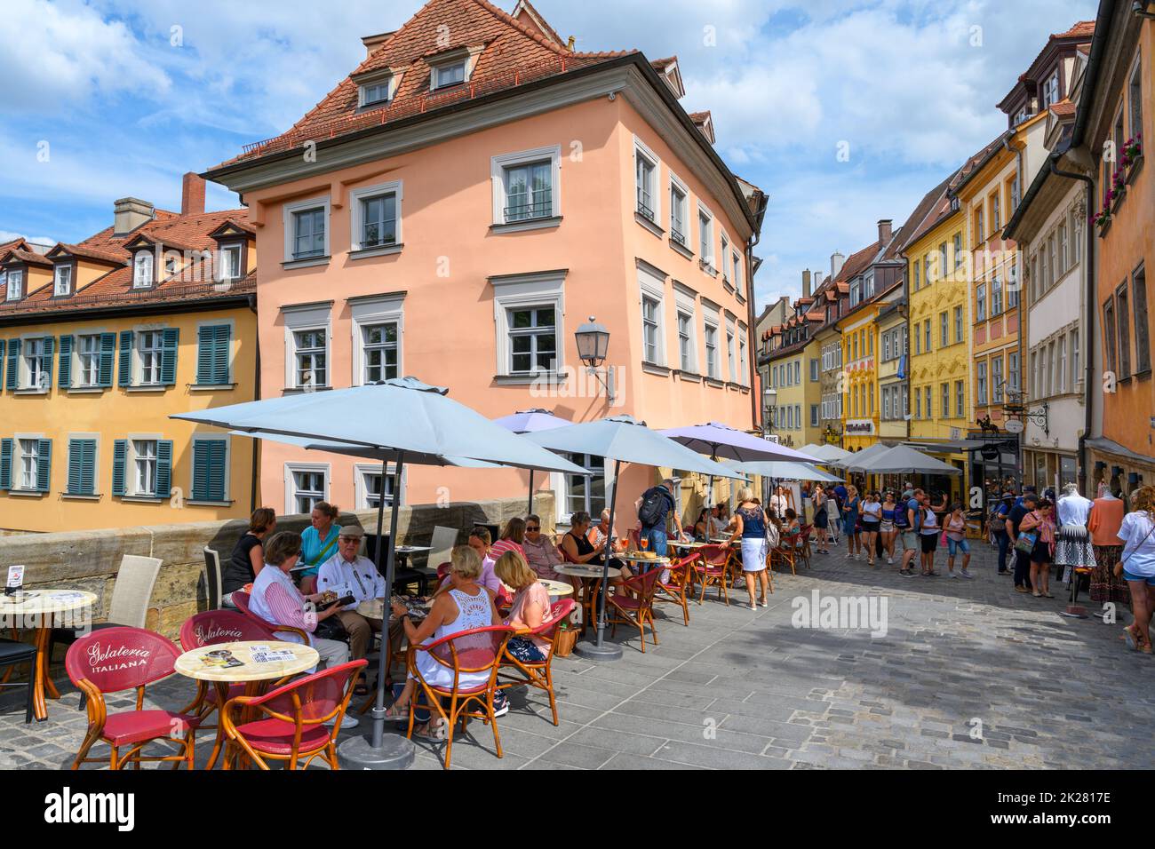 Cafe on the Obere Brücke, Bamberg, Bavaria, Germany Stock Photo