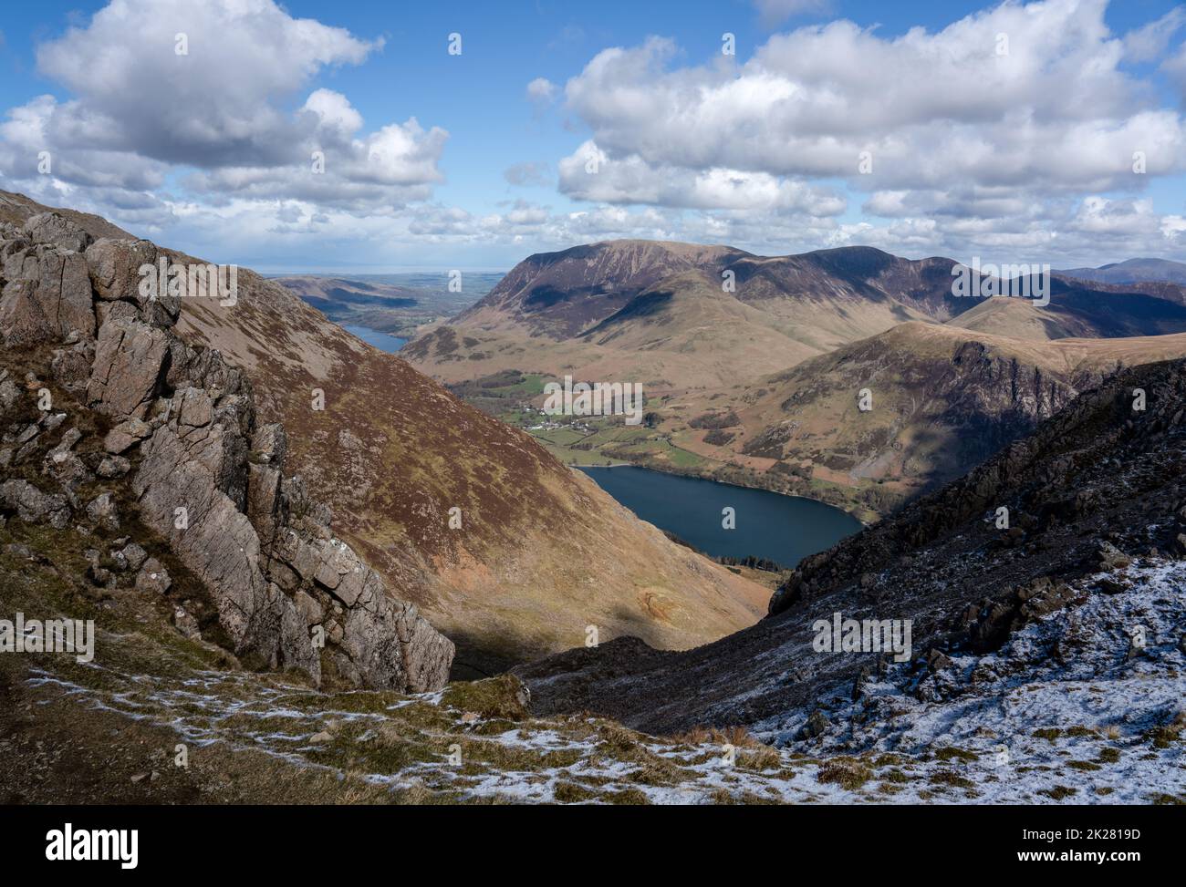 Looking over Buttermere towards the northwestern fells from High Stile, English Lake District, during early spring. Stock Photo
