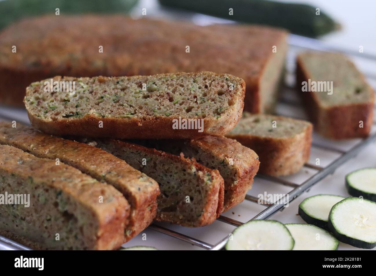 Whole wheat zucchini bread slices. Moist and dense bread made of whole