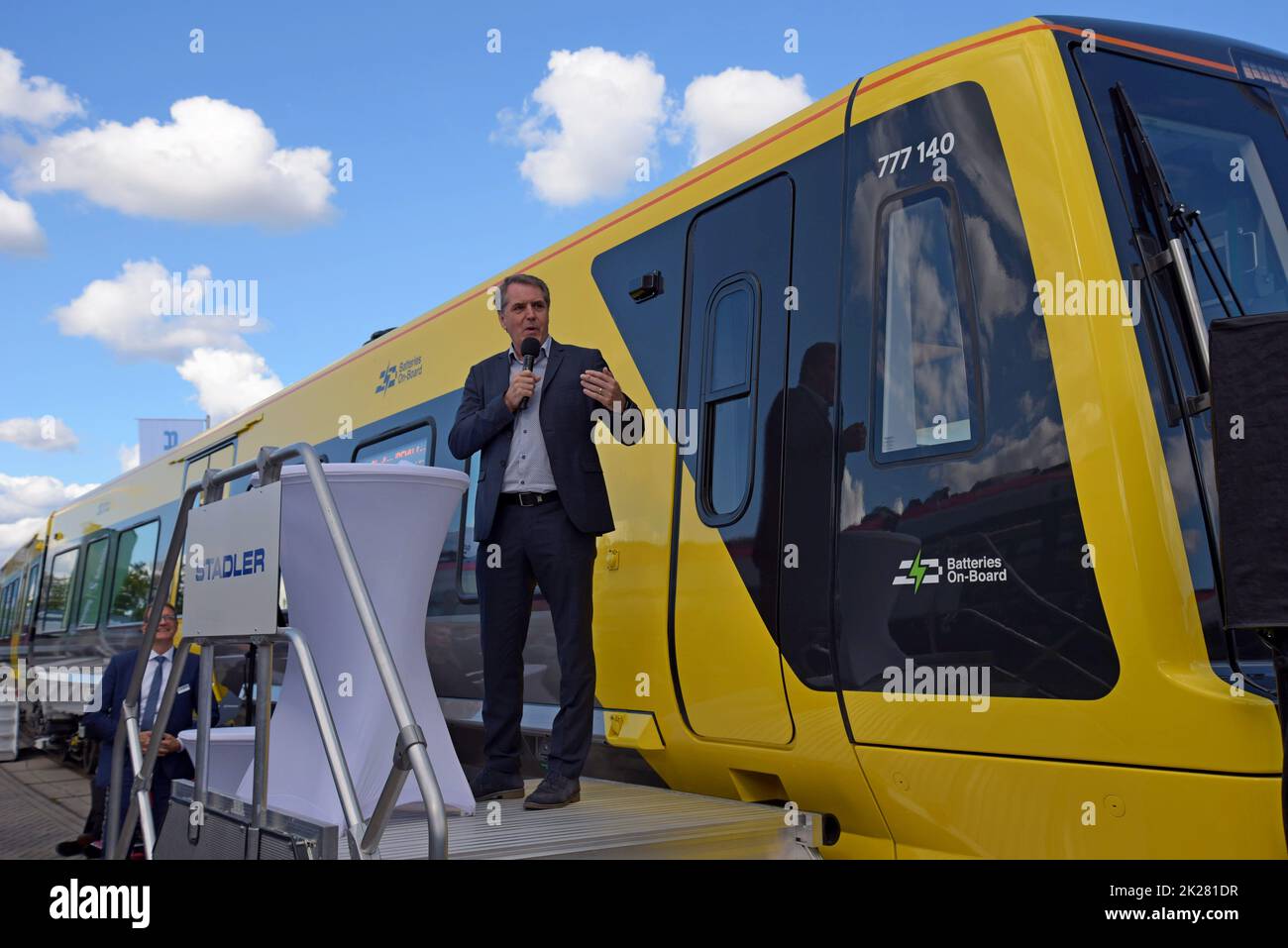 Berlin, Germany, 22nd September 2022. Train manufacturer Stadler has officially unveiled its new IPEMU Merseytravel Class 777 train with Metro Mayor for the Liverpool City Region Steve Rotheram, at Innotrans 2022, the international transport exhibition. The mayor, viewing the first train of the 52 strong fleet, said they had been “bought by the public for the public, putting the ‘public’ back into public transport”. He also said that the services will be integrated with the city’s buses and ferries. - Stock Image