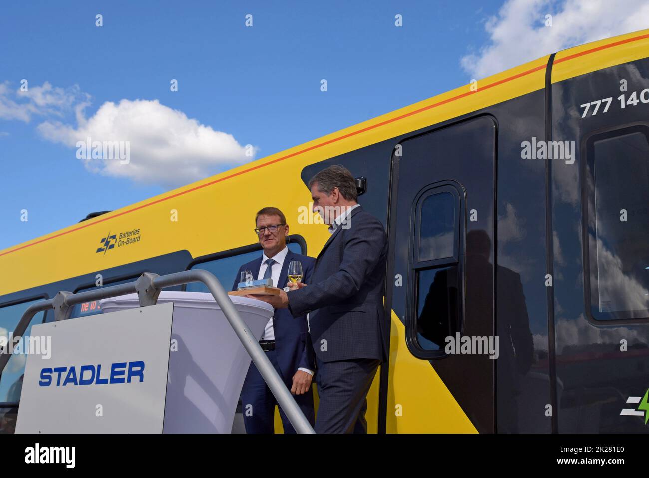 erlin, Germany, 22nd September 2022. Train manufacturer Stadler has officially unveiled its new IPEMU Merseytravel Class 777 train with Metro Mayor for the Liverpool City Region Steve Rotheram, at Innotrans 2022, the international transport exhibition. The mayor, viewing the first train of the 52 strong fleet, said they had been “bought by the public for the public, putting the ‘public’ back into public transport”. He also said that the services will be integrated with the city’s buses and ferries. Although the majority of the fleet will be just 3rd rail powered, 7 will have battery packs to e Stock Photo