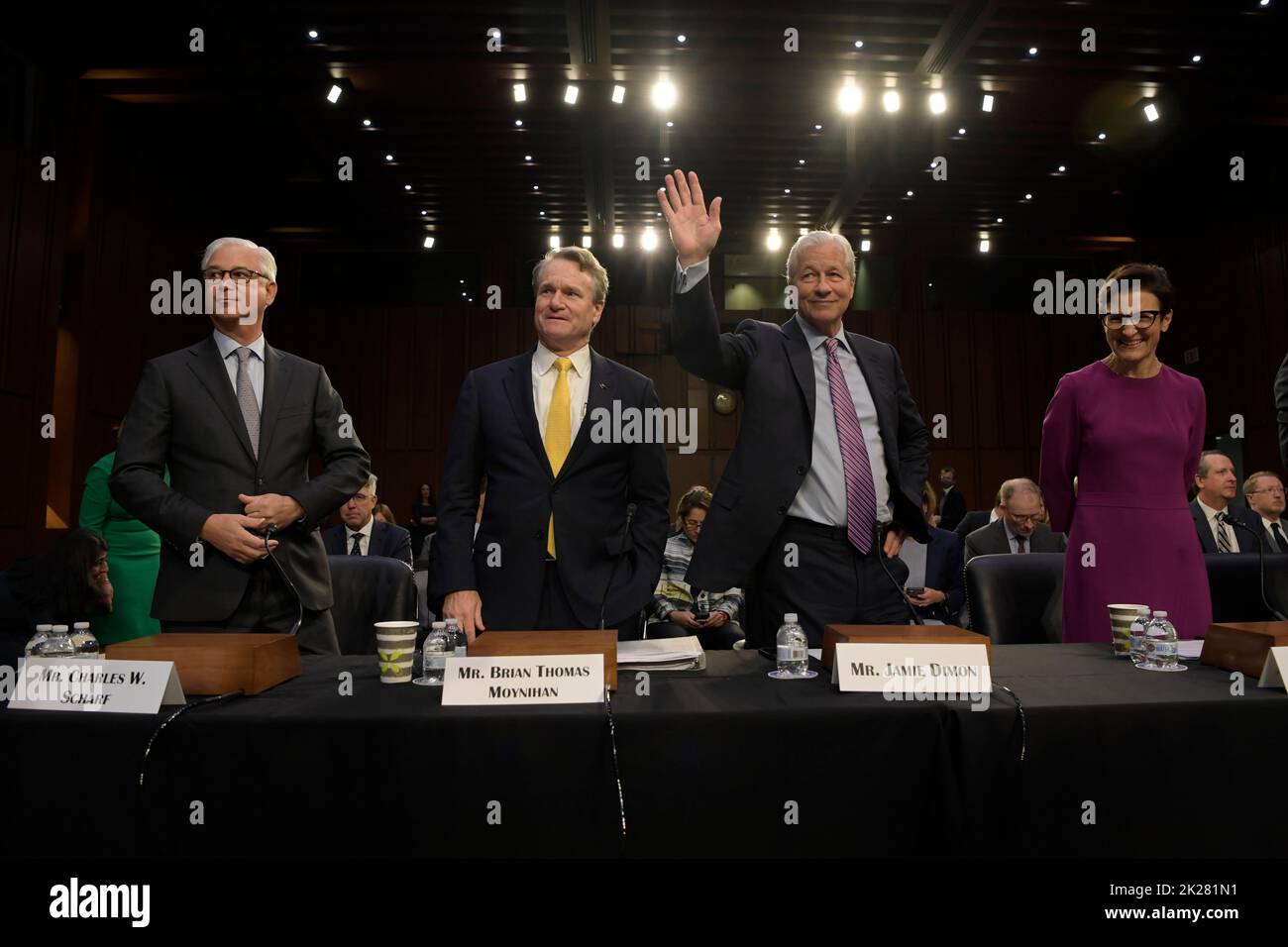 September 22, 2022, Washington, Distric of Columbia, USA: CEO and President Wells Fargo Bank CHARLES W. SCHARF(1 left), CEO Bank of America BRIAN THOMAS MOYNIHAN(2 left), CEO JPMorgan Chase Bank JAMIE DIMON(3 right) and CEO Citigroup Bank JANE FRASER(4 right) testify before Senate Banking and Urban affairs Committee about Annual Oversight of the Nation's Largest Banks during a hearing today on September 22, 2022 at Senate Hart/Capitol Hill in Washington DC, USA. (Credit Image: © Lenin Nolly/ZUMA Press Wire) Stock Photo