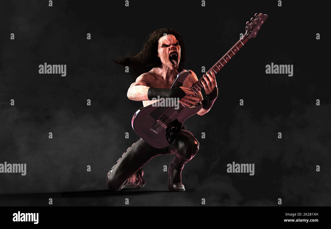 3d Illustration Devil pose and plays an electric guitar surrounded on dark background with clipping path. Death Rock Musician. Stock Photo