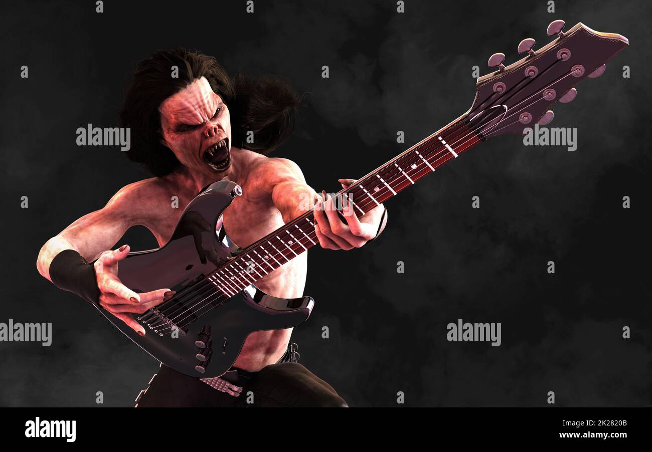 3d Illustration Devil pose and plays an electric guitar surrounded on dark background with clipping path. Death Rock Musician. Stock Photo