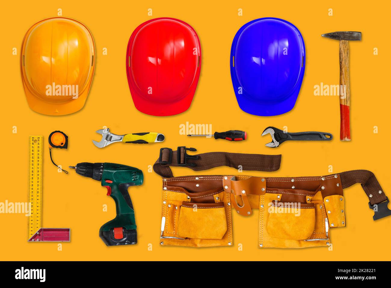 Tools collection isolated on orange background Stock Photo