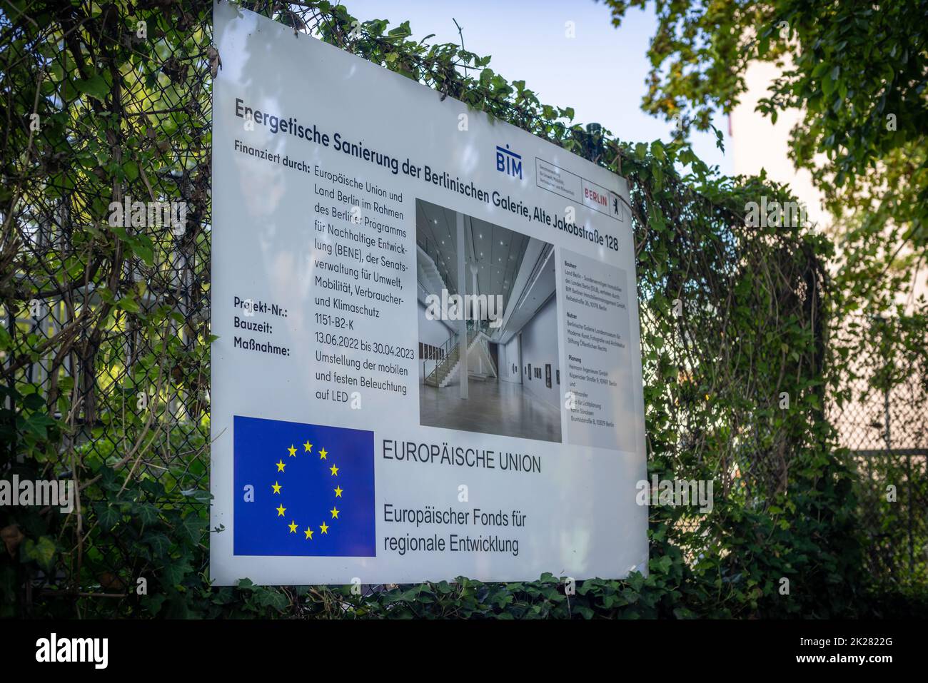 Sign for a recent Energy renovation project at the Berlinische galery funded by the European Union regional development fund, Berlin, Germany, Europe Stock Photo