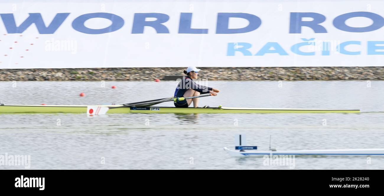 Racice, Czech Republic. 22nd Sep, 2022. Shiho Yonekawa of Japan competing during Day 5 of the 2022 World Rowing Championships, Women's single sculls semifinal at the Labe Arena Racice on September 22, 2022 in Racice, Czech Republic. Credit: Jan Stastny/CTK Photo/Alamy Live News Stock Photo