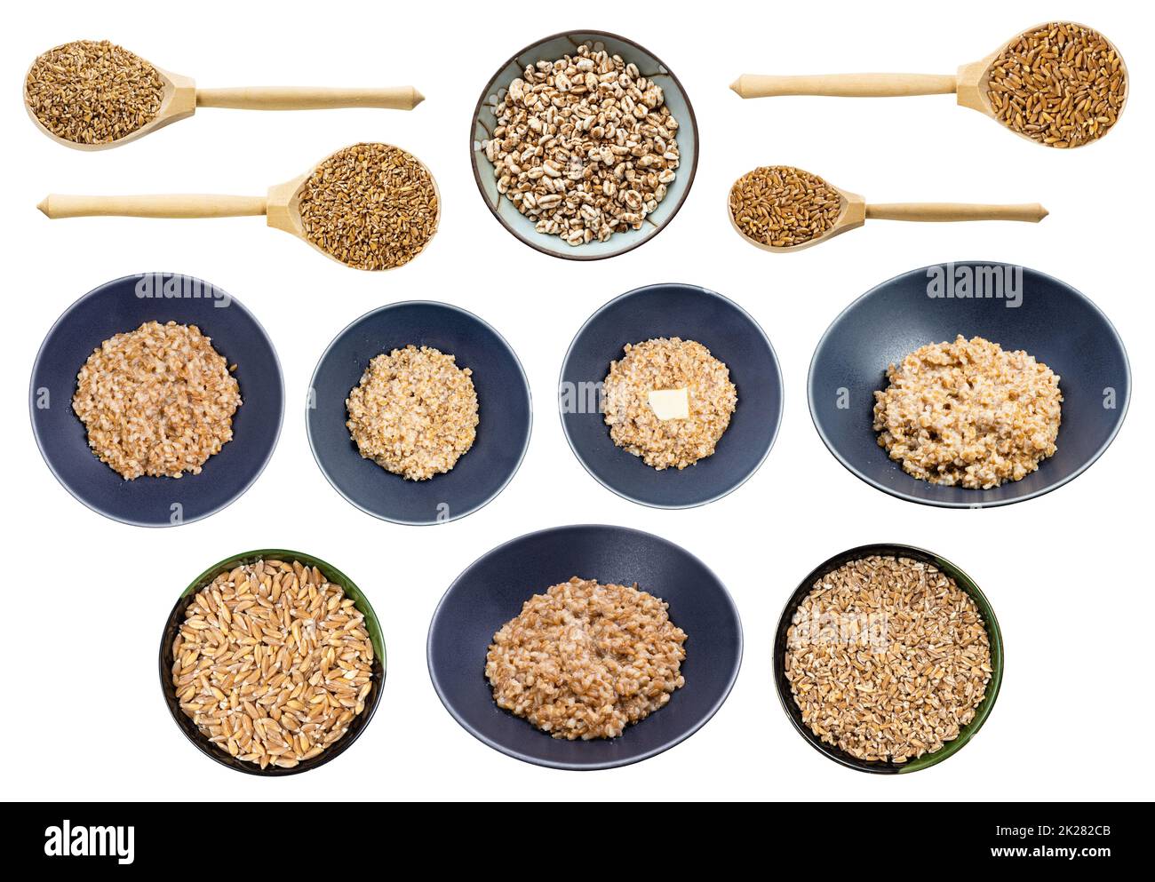 set of various cooked and raw emmer wheat grains Stock Photo