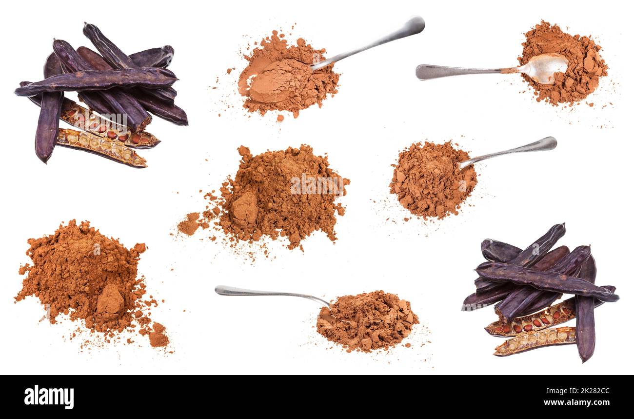 set of pods and ground carob isolated on white Stock Photo Alamy