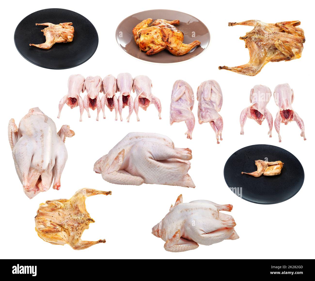 set of raw and roasted chicken and quails isolated Stock Photo