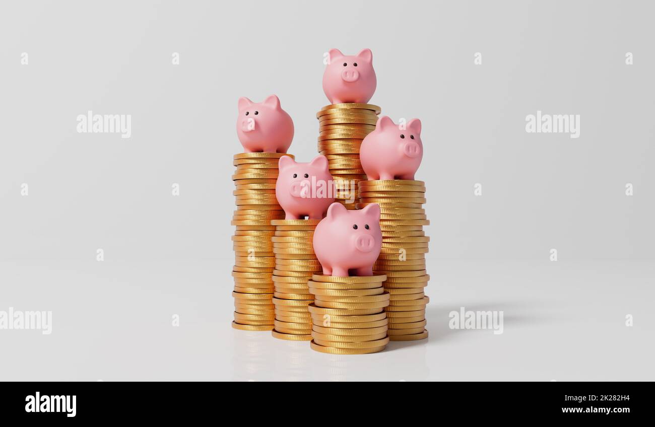 Pink piggy bank money box with a stack of gold coins. 3D Rendering ...