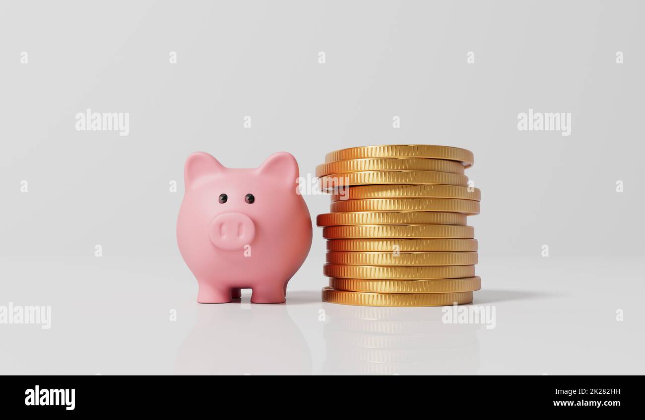 Pink piggy bank money box with a stack of gold coins. 3D Rendering ...