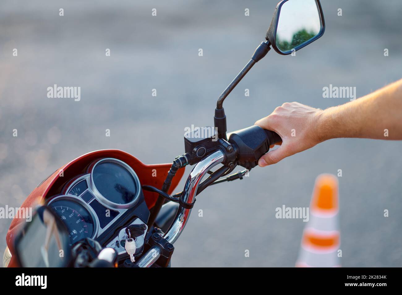 Male person on motorbike, motorcycle school Stock Photo