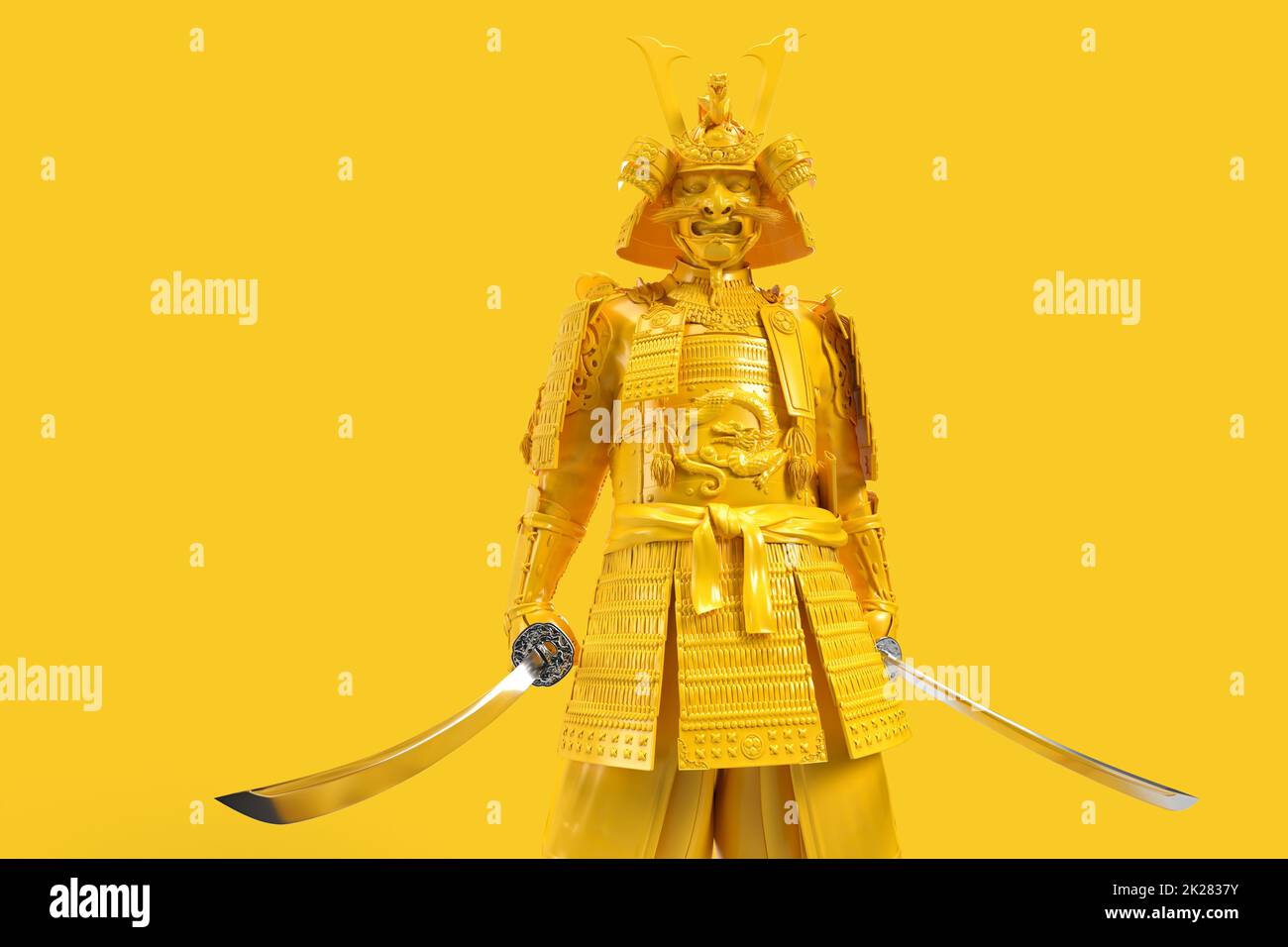 Japanese samurai warrior in full armor with helmet, mask and katana. 3D Rendering Stock Photo