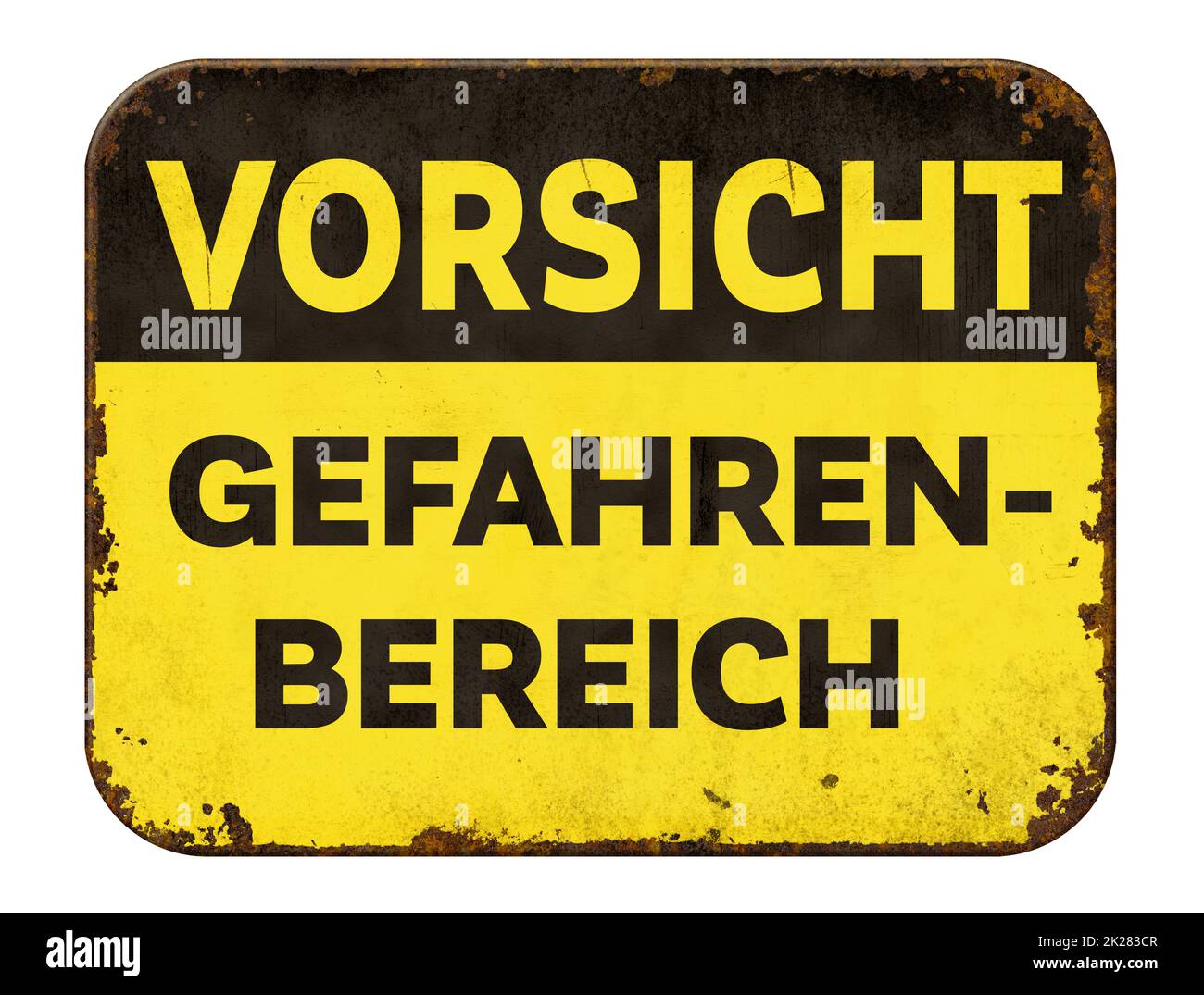 Vintage tin caution sign on a white background - Hazardous Area in german - Gefahrenbereich Stock Photo