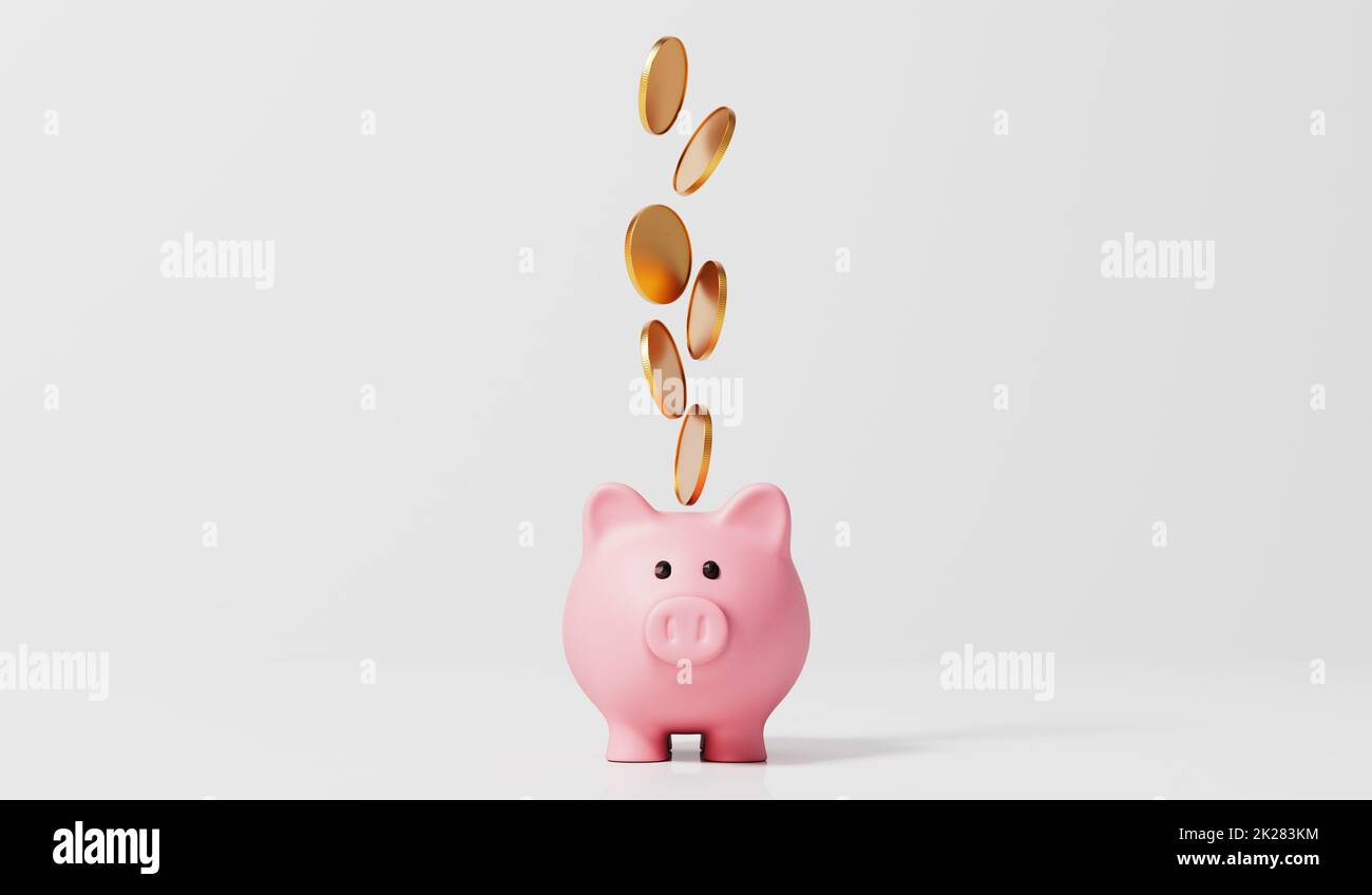 Pink piggy bank money box with gold coins. 3D Rendering Stock Photo - Alamy