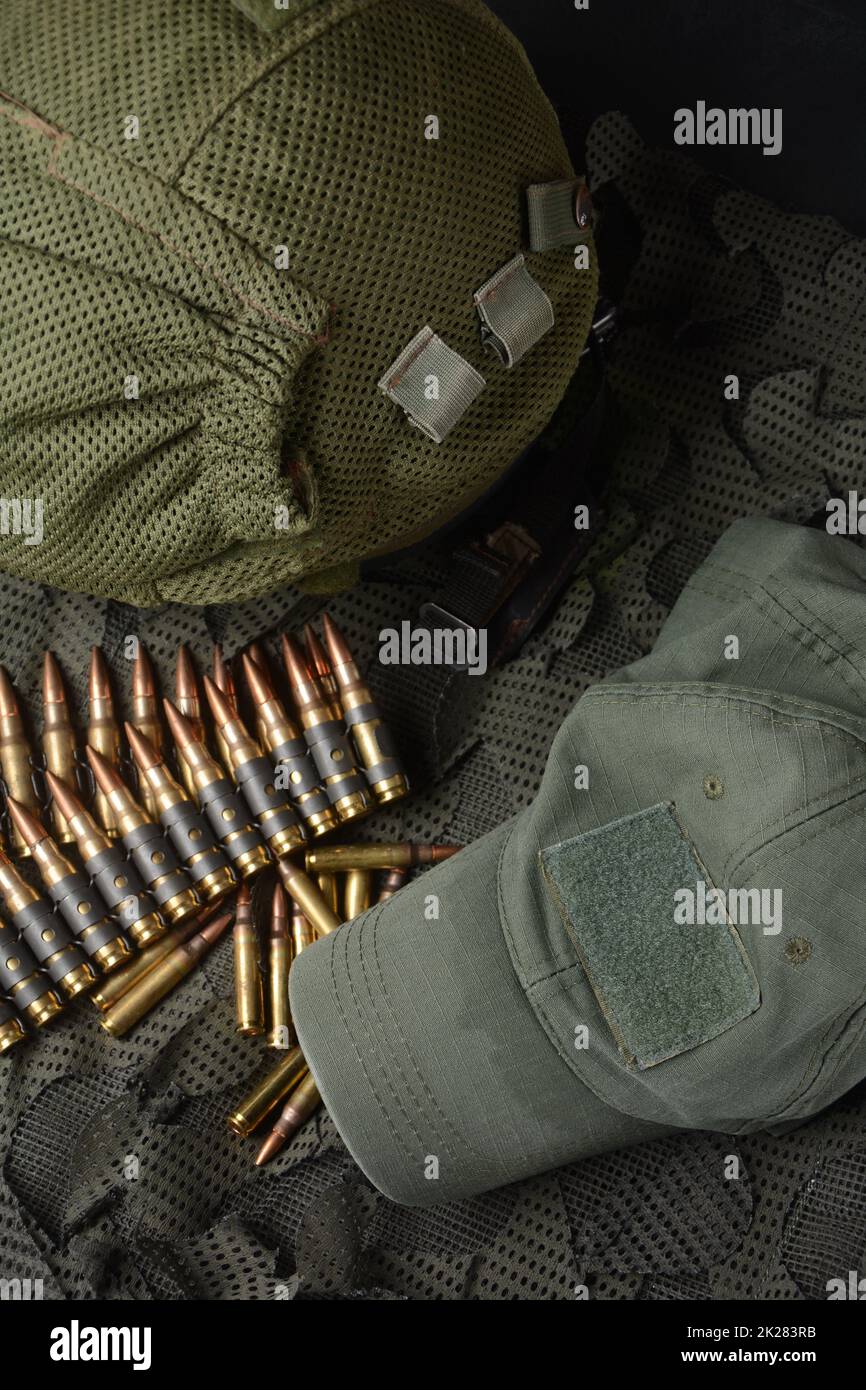 Photo of 5.56mm ammunition, machine gun bullets belt, rifle ammunition Stock Photo