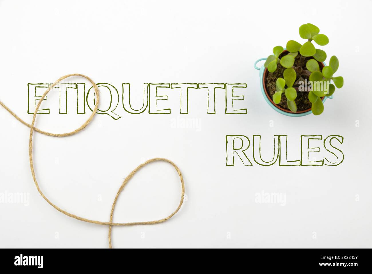 Conceptual display Etiquette Rules. Word for customs that control accepted behaviour in social groups Multiple Assorted Collection Office Stationery Photo Placed Over Table Stock Photo