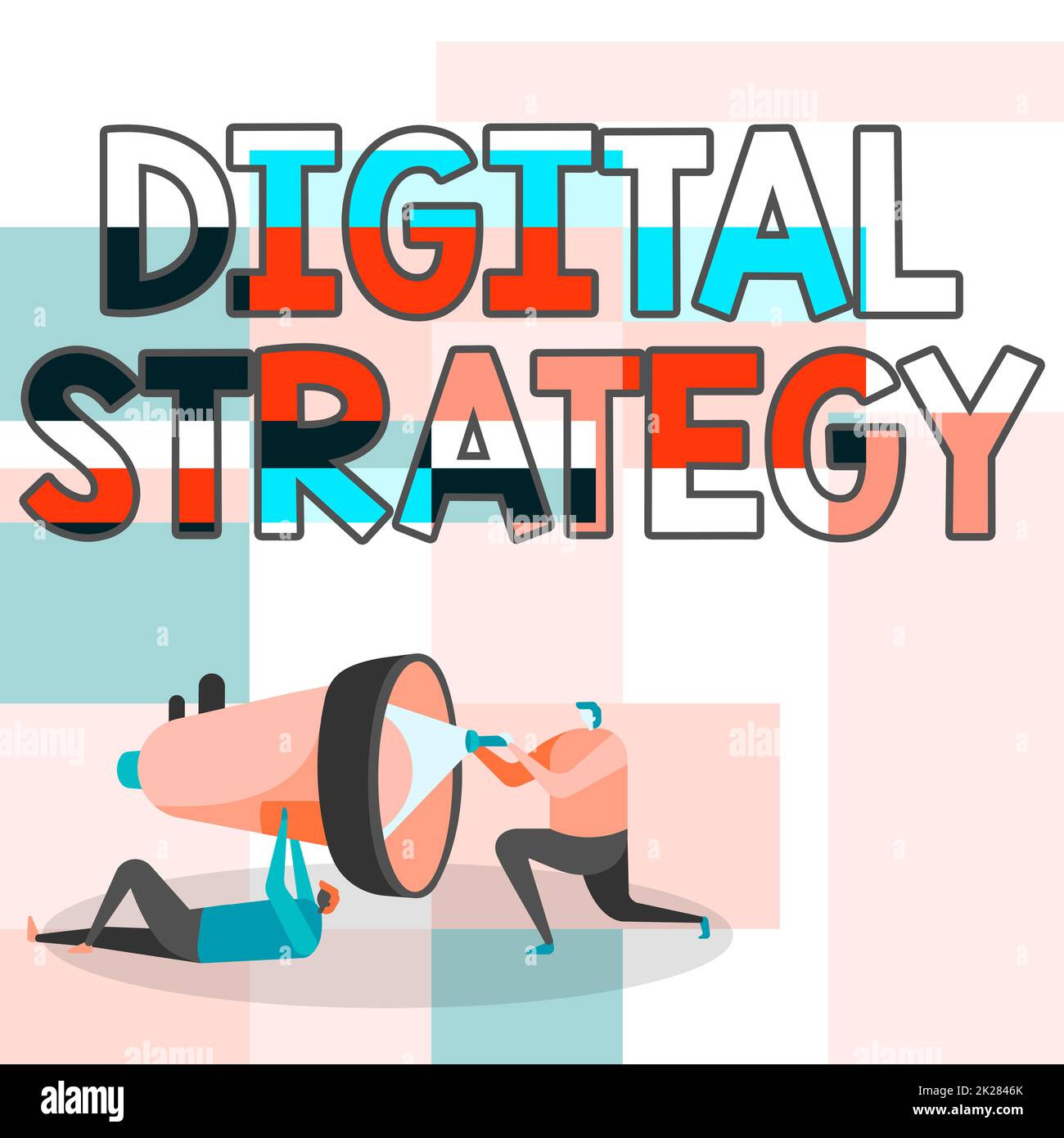 Conceptual display Digital Strategy. Business approach plan for maximizing the business benefits of data assets Workers Drawing Helping One Other With Flashlight To Fix Megaphone. Stock Photo