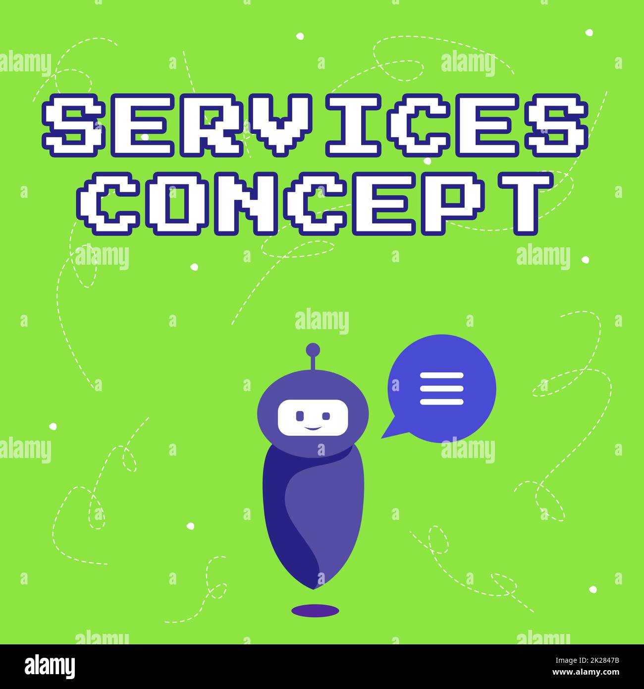 Conceptual display Services Concept. Conceptual photo mediate between customer needs and company strategic intent Cute Floating Robot Telling Us New Wonderful Information In A Chat Cloud. Stock Photo