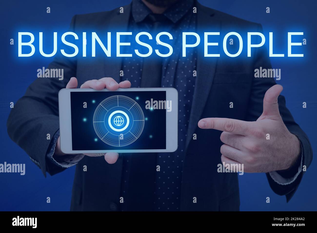 Conceptual display Business People. Conceptual photo People who work in business especially at an executive level Man holding Screen Of Mobile Phone Showing The Futuristic Technology. Stock Photo