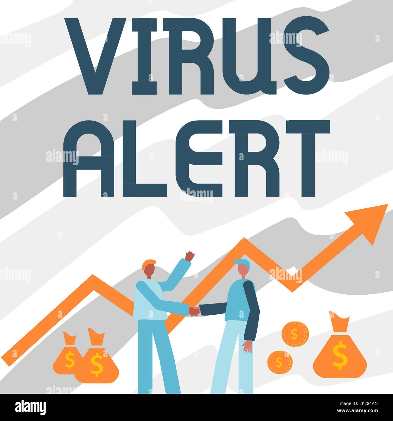 Text showing inspiration Virus Alert. Business overview Virus Alert Two Men Standing Shaking Hands With Financial Arrow For Growth And Money Bags. Stock Photo