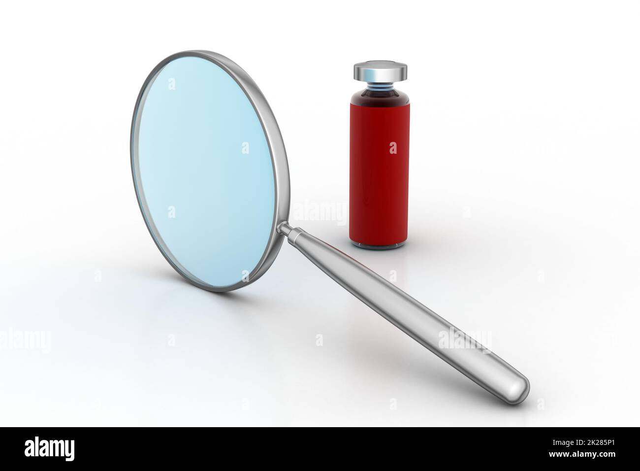 Magnifying glass with medicine bottle Stock Photo