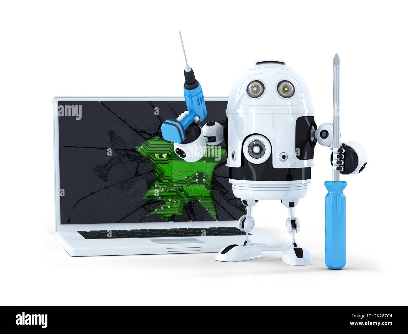 Robot with tools and broken laptop Stock Photo